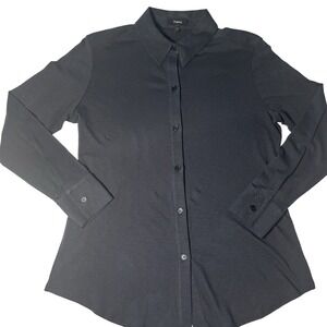 Theory Button Down Blouse Pima Cotton Collared Long Sleeve Black Women's Sz Med